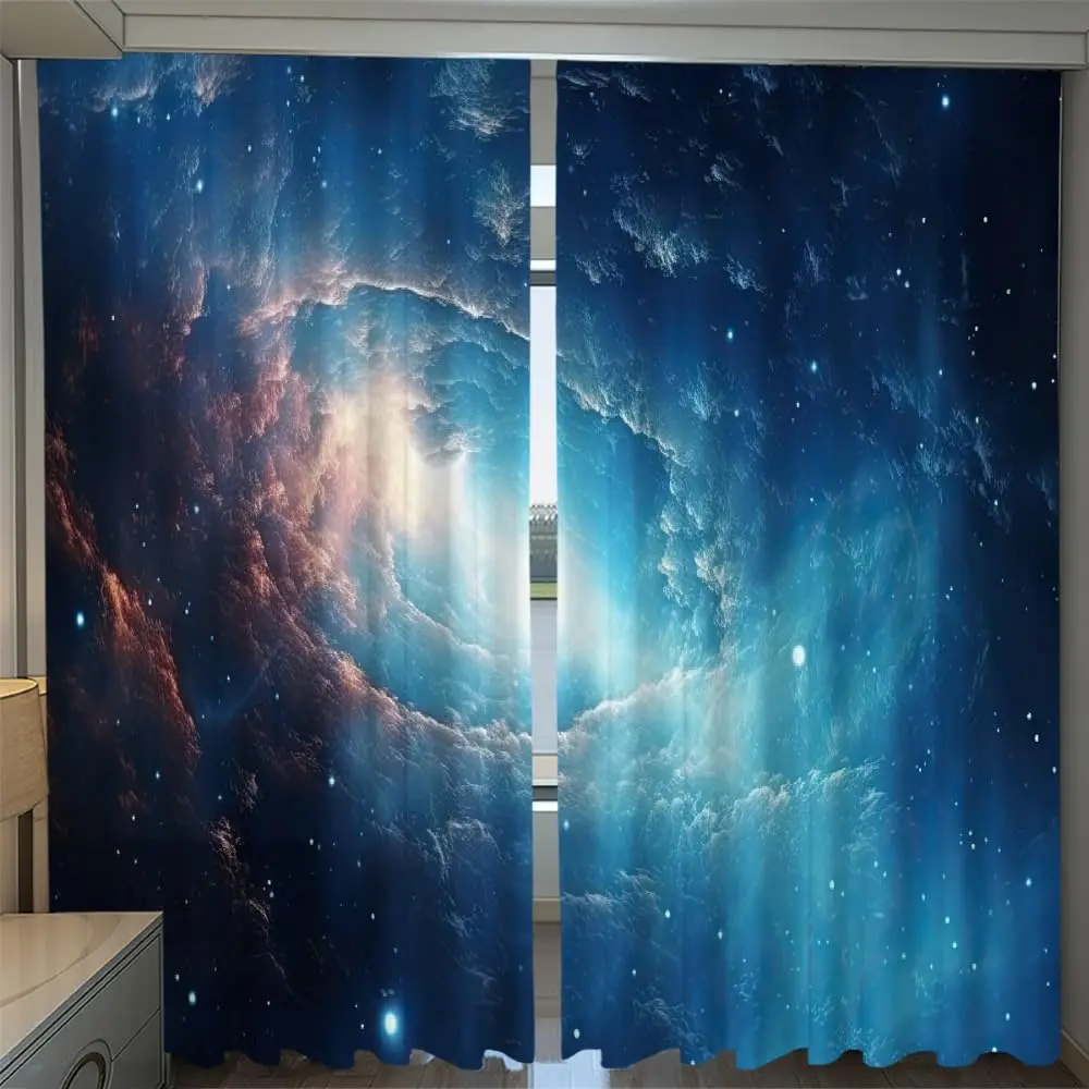Bright Thick Clouds 3D Pattern Curtains, Shining Sky Stars Print 2 Panels Drapes Set, Noise Reducing Grommet Drapes for Bedroom