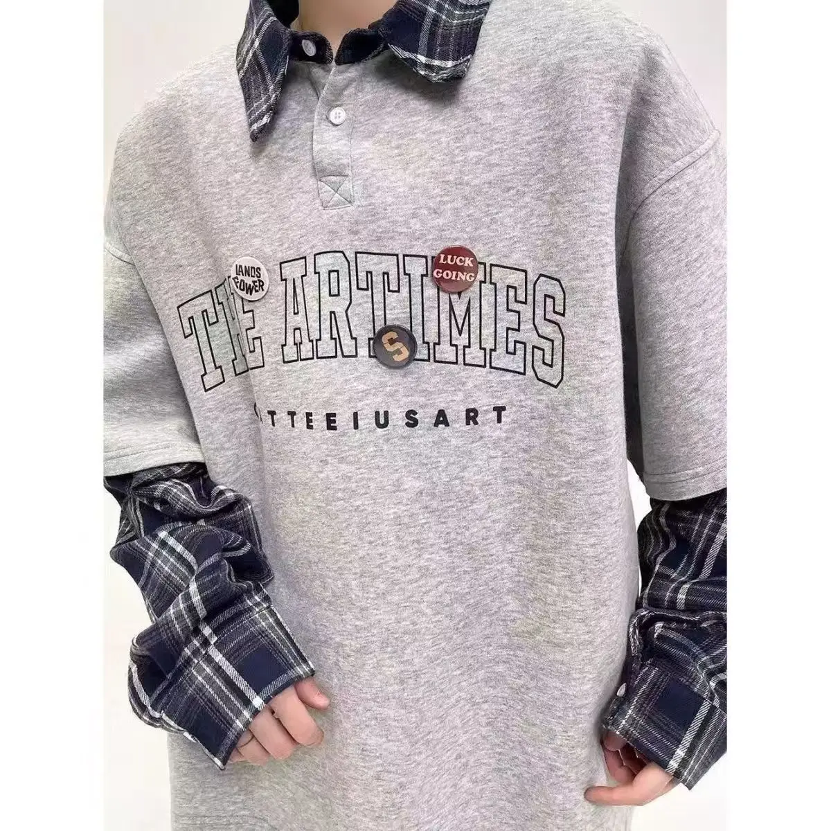 American Vintage Plaid Fake Two-Piece Polo Sweatshirt Men Women Streetwear Large Size Letters Graphic Print Oversized Casual Top
