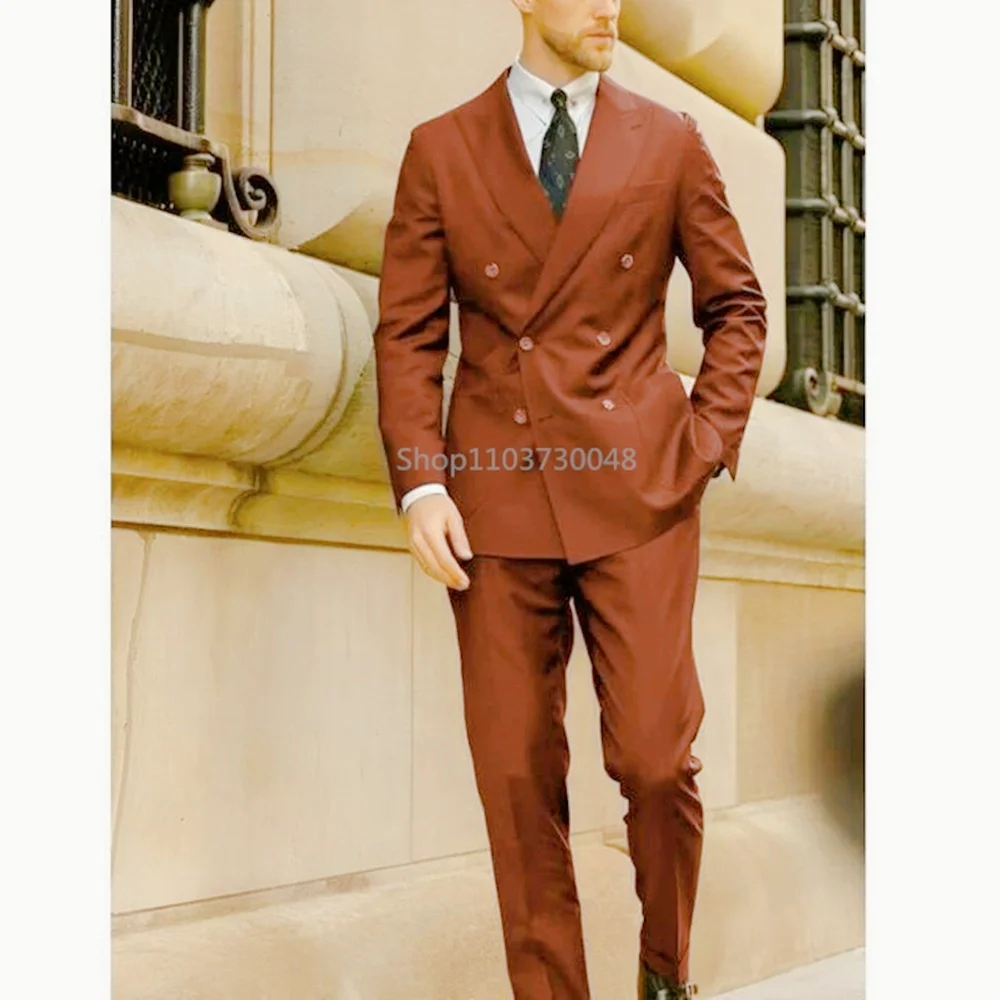 

New Design Men's Suits Brown Double Breasted Peak Lapel Luxury Outfits Chic 2 Piece Jacket Pants Set Office Costume Homme
