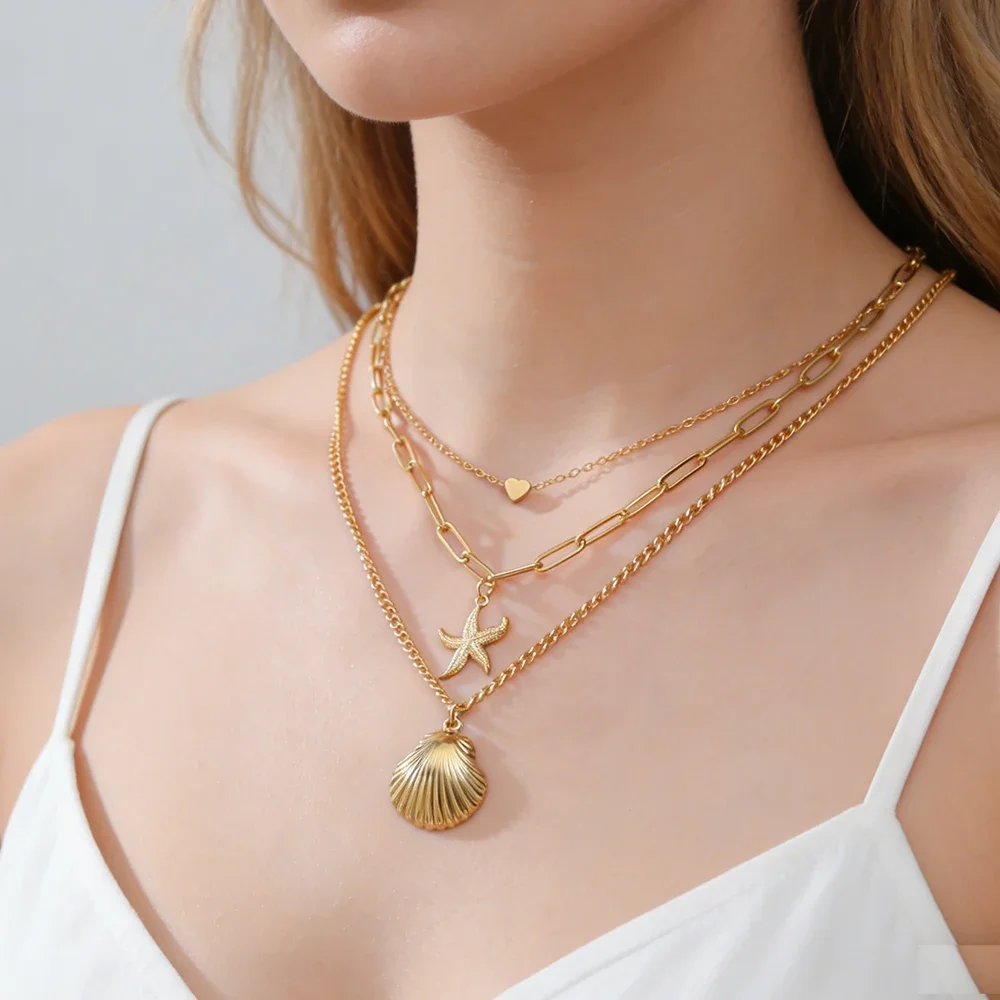 Skyrim Starfish Conch Sun Pendant Necklace Women Stainless Steel Gold Color Three Layer Chain Beach Jewelry Gift Wholesale