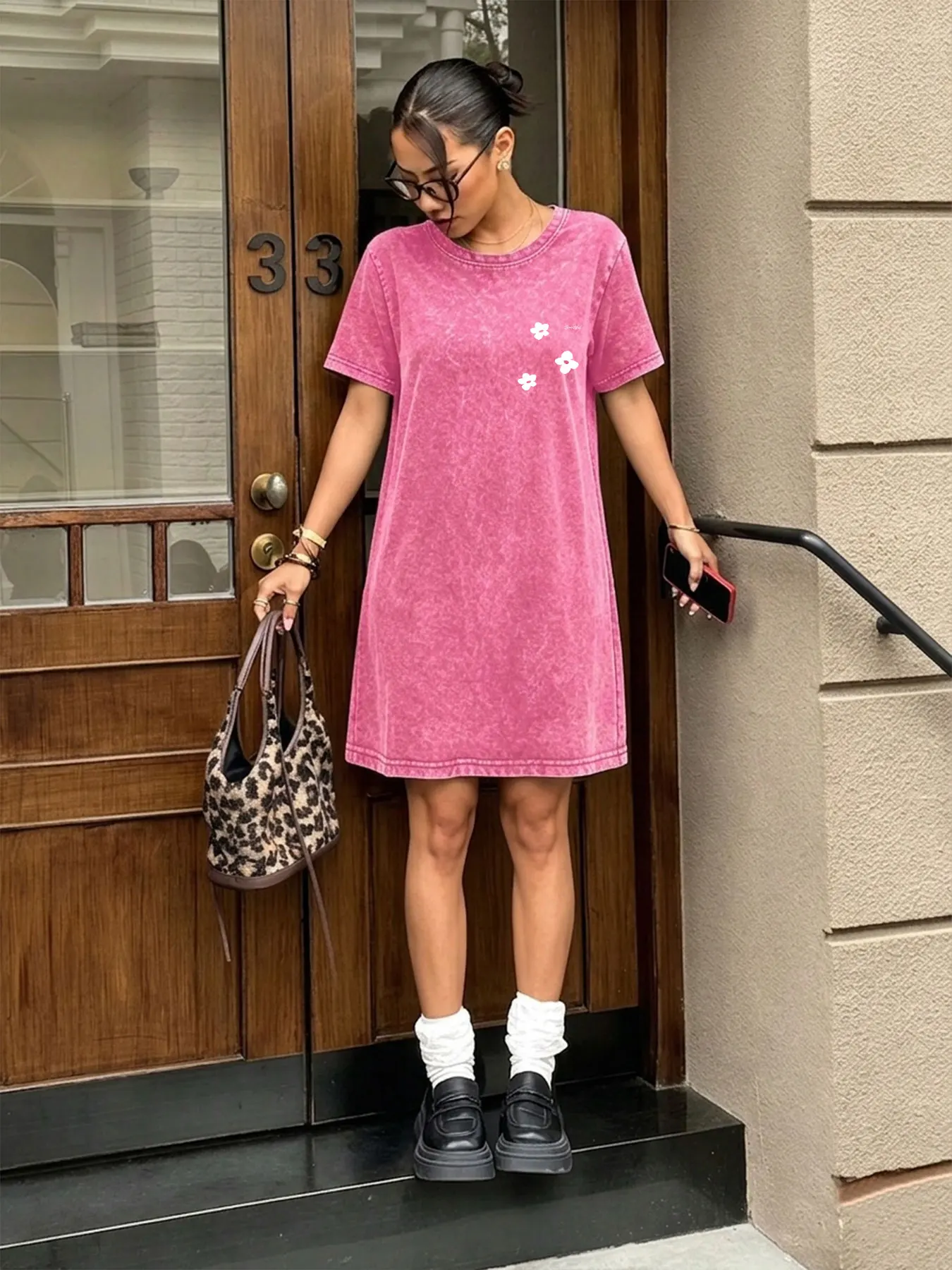 

Vintage Washed Distressed T-shirt Dress for Women, Fashion Streetwear Brand White Dress with Floral Prints