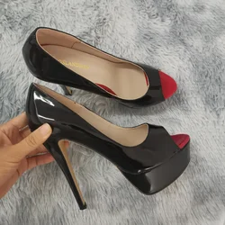 Damskie szpilki na platformie Sexy Peep Toe 14cm wyjątkowo wysokie obcasy lakierowane buty ślubne na imprezę Nighclub duży rozmiar 43