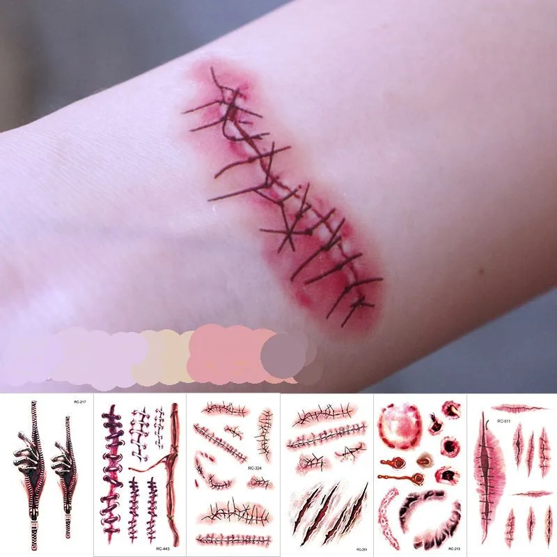 

New Halloween Stickers Waterproof Tattoos Men Women Various Scars Art Temporary Tattoo Stickers Horror Fake Tattoos Sticker