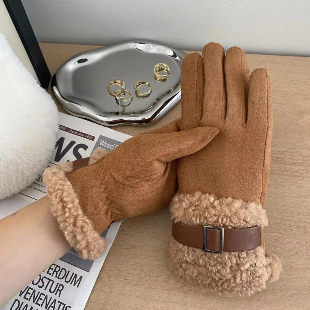 Elegant Full Finger Women's Winter Gloves Windproof Thickened Women Fleece Gloves Fleece-Lined Warm Cycling Mittens Mom
