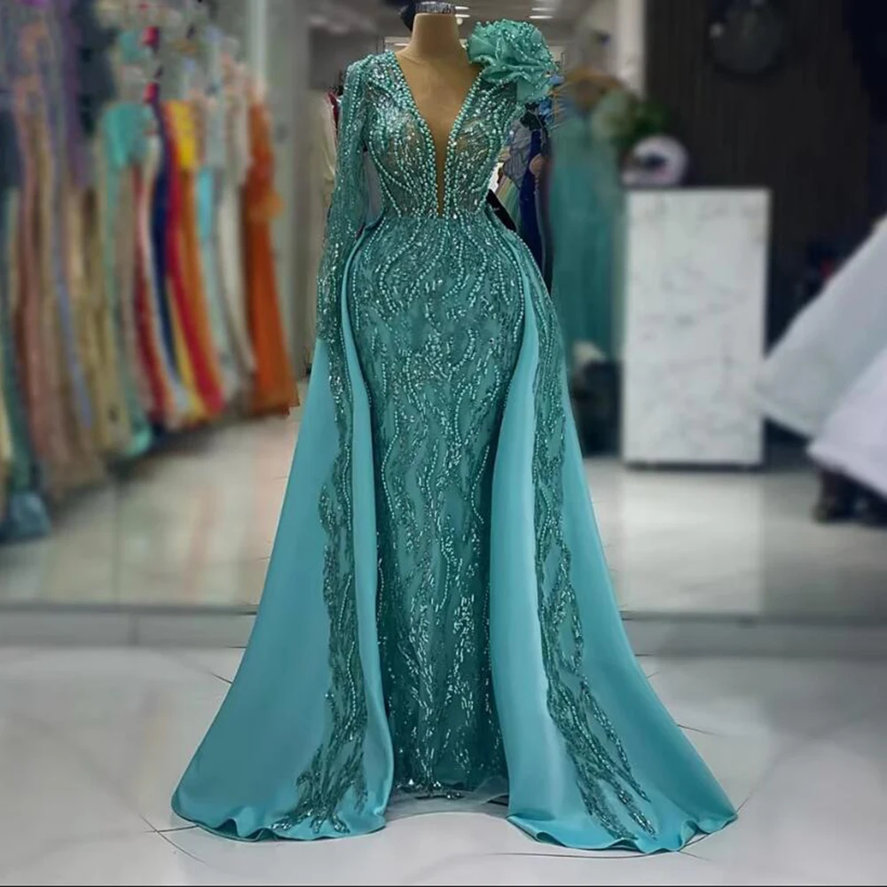 

Gorgeous Blue Women Prom Dresses V-neck Floor Length One Shoulder Sleeve Mermaid Pearls Sequins Female Banquet Evening Gowns