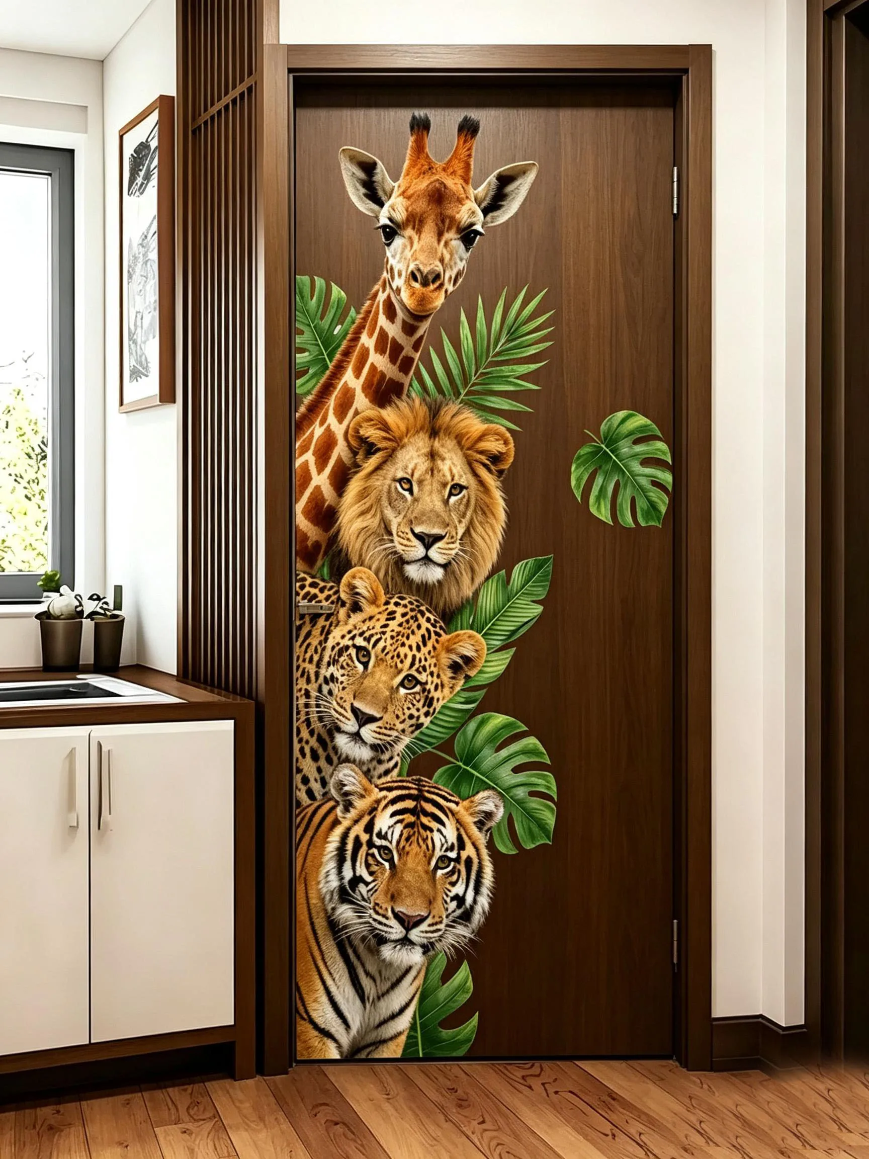 1 Piece cartoon Probe Forest Animal Green Plant Large Animal Wall Sticker, Wall Decoration Wall Sticker