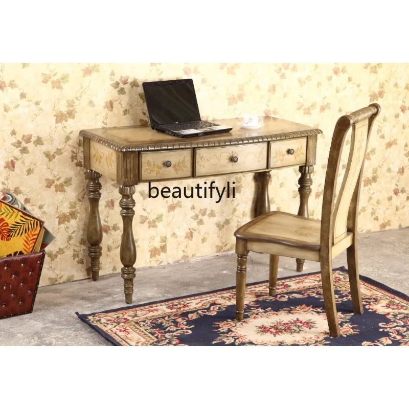 Classical old yellow-green computer desk American dark green desk writing blue table