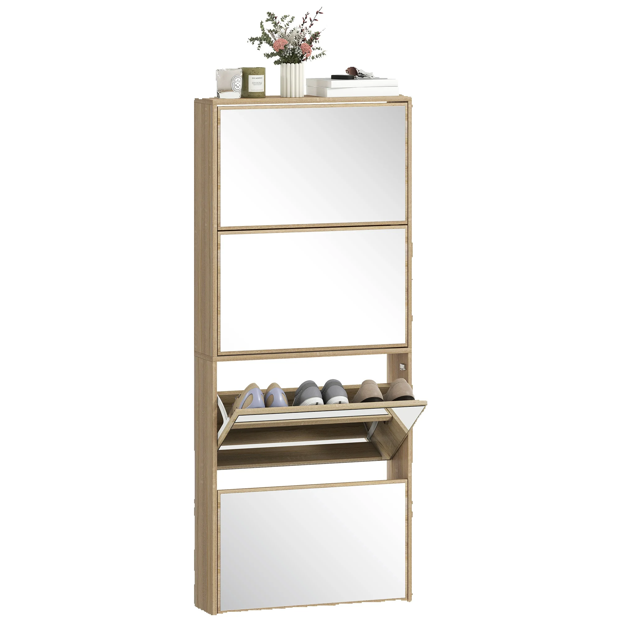Homcom smal schoenenrek met spiegel en 4 vouwdeuren voor 12 paar schoenen 63X17X146 cm naturel - afbeelding 2