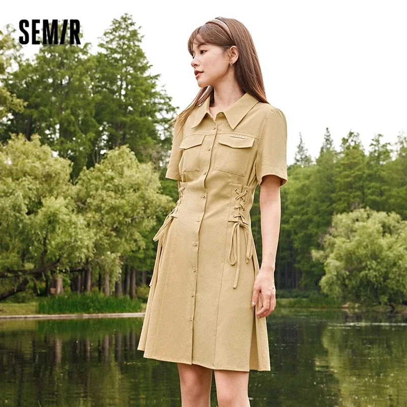 

Semir 2023 Women Dress Puff Sleeve Lapel Cotton New Autumn Waist Strap Dress Retro Style Dress for Women