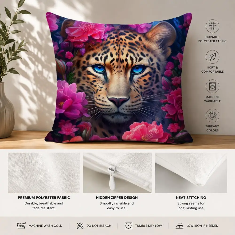 Leopard With Wreath Cushion Cover 40x40cm Square Decorative Sofa Cushion Cover Bedroom Living Room Home Decor Gift