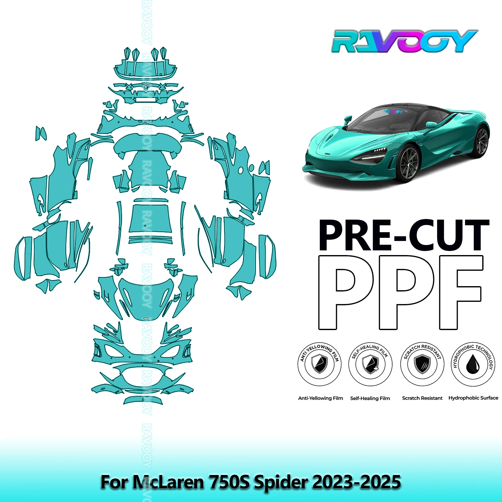 RAVOOY 8.5Mil Custom-Fit Precut TPU PPF Full Vehicle Clear Bra Stone Guard EU UK For McLaren 750S Spider 2023-2026