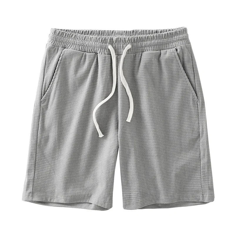 Männer Shorts Einfarbig Mittlere Taille Sommer Bewegung Waffel Textur Tiefem Schritt Kordelzug Männliche Shorts Lose Knie Länge Casual Kurze – Detail 6