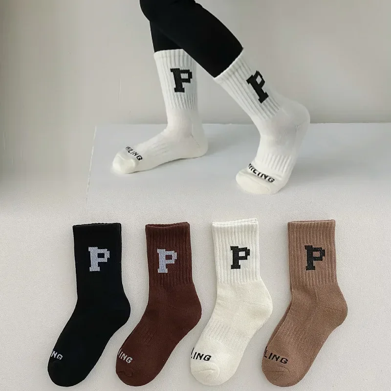 Korean Fashion Letter Socks Children Knit Cotton Middle Tube Socks Boys Girls School Casual Sports Socks 1-8years Old