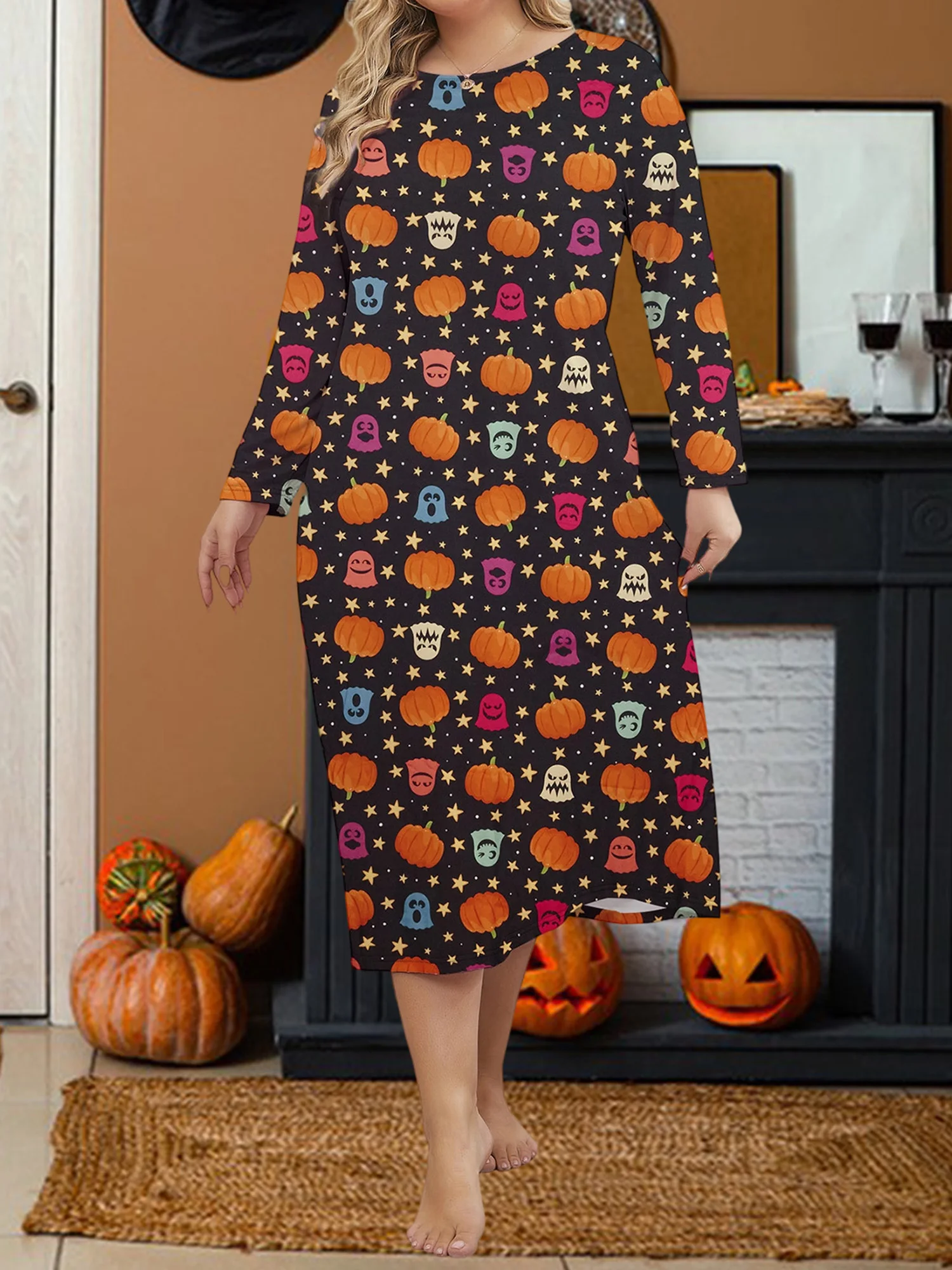 

Women Halloween Nightgowns Ghost Print Plus Size Long Sleeve Night Dress Lightweight Sleep Dress Cute Sleepwear for Spooky