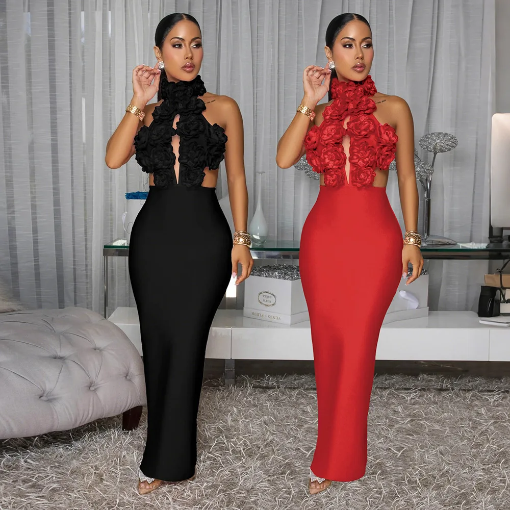 Sommer Frauen Ärmellose Elegante V-ausschnitt Ausschnitt 3D Blume Lange Maxi Kleid 2025, Sommer Sexy Abend Party Kleider Vestidos