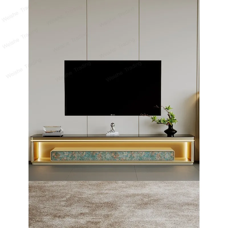 Italian light luxury high-end floor-to-ceiling TV cabinet, living room small apartment solid wood TV cabinet with lamp