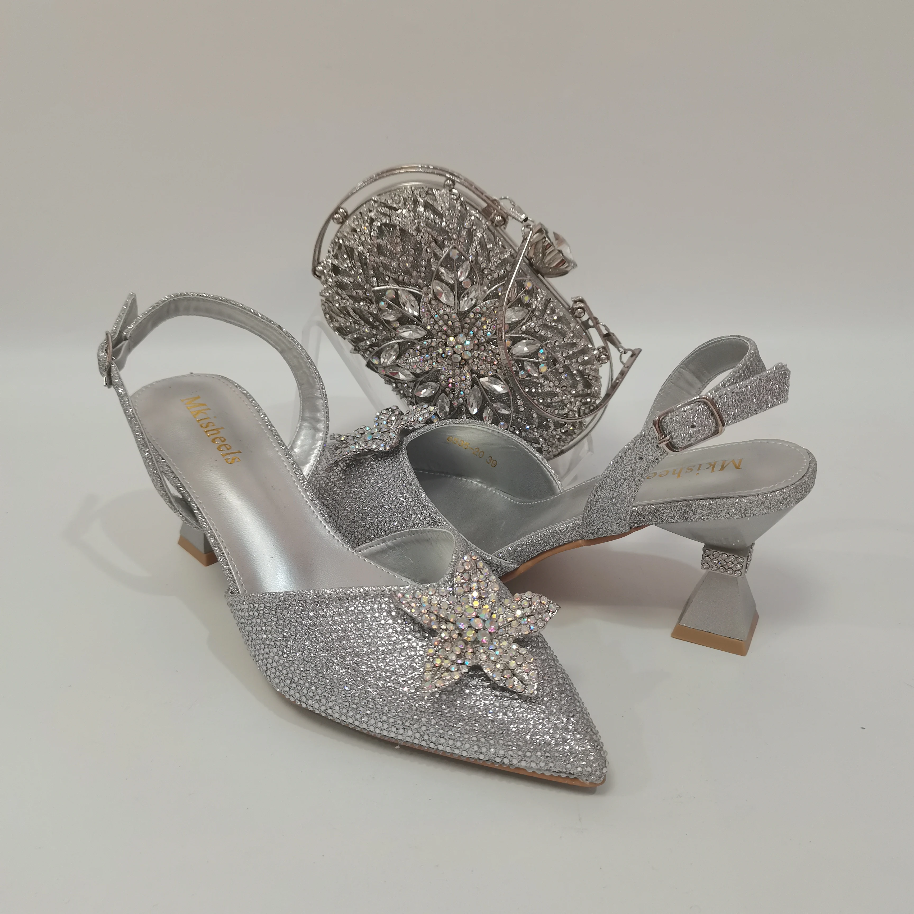 Good Quality Italian Design African Women's Rhinestone High Heel Point Toe Sandals and Bag Set for Party Sandals and Bag F1022-1