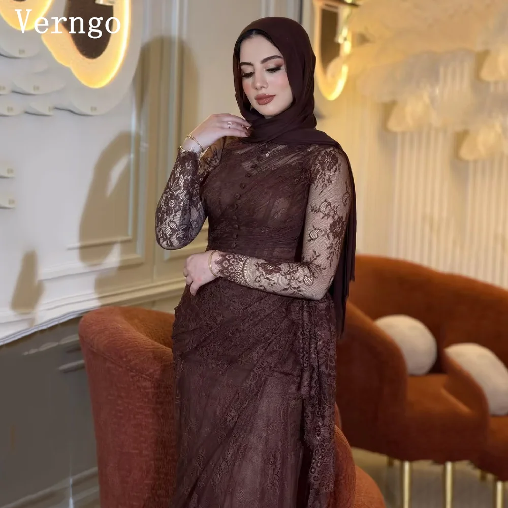 Verngo Modest Brown ace Evening Dress High Neck Full Sleeves Mermaid Prom Gown Luxury Formal Botton Party Gowns Customized