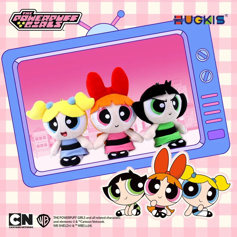 Genuíno 12-13cm powerpuff meninas 2-1 chaveiro de pelúcia bolhas buttercup boneca pingente bonito menina coração saco pendurado decoração moe