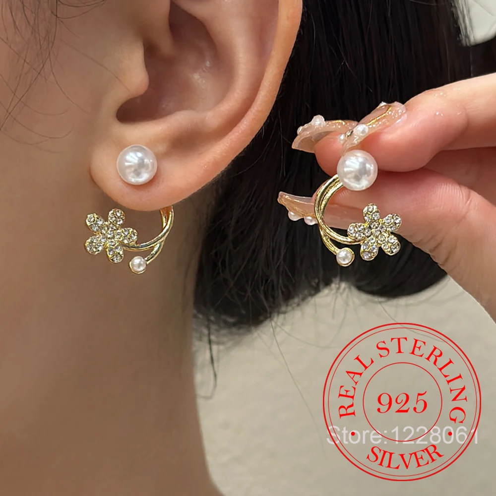 

925 Sterling Silver Jewelry Zircon Crystal Pearl Flower Stud Earrings for Women Wedding Party Jewelry for Girls Friend Gift