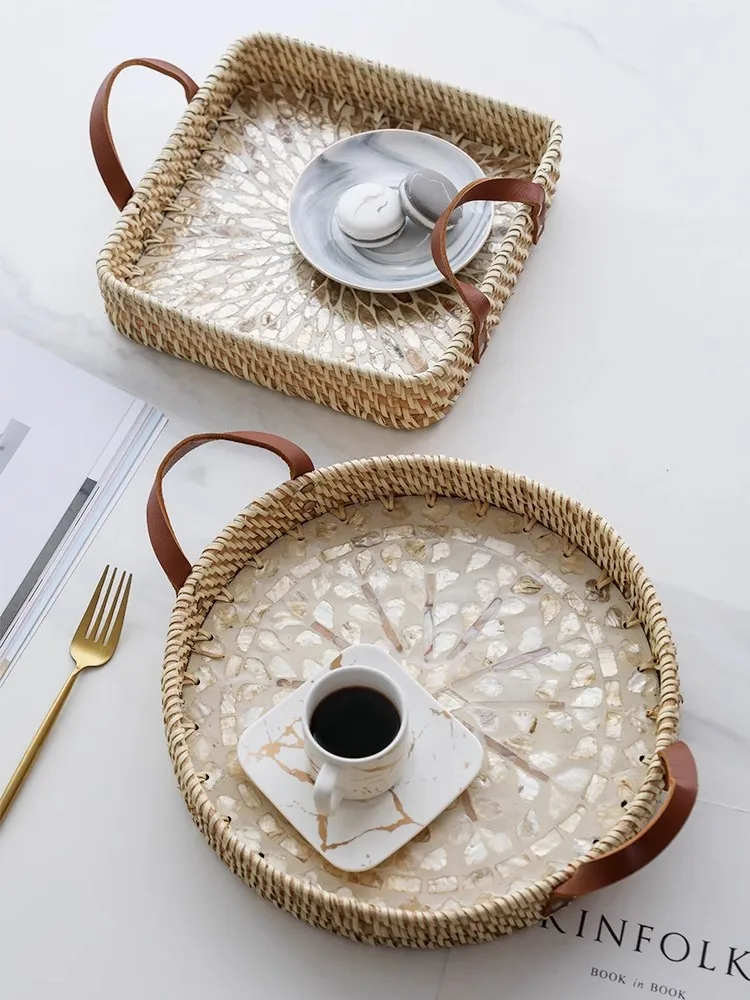 Light Luxury Style Living Room Desktop Decoration Storage Tray Hand-Woven Rattan Originality Storage Basket Jewelry Storage Tray