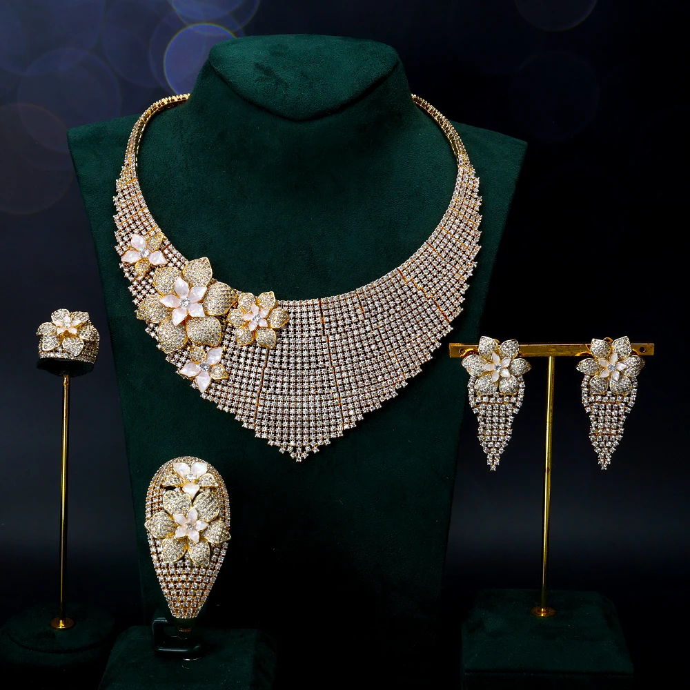 

INJEWELIFE Luxury Big Abalone Shell Flower Bridal Necklace Set for Women Cubic Zircon Wedding Jewelry Sets Brides Jewellery