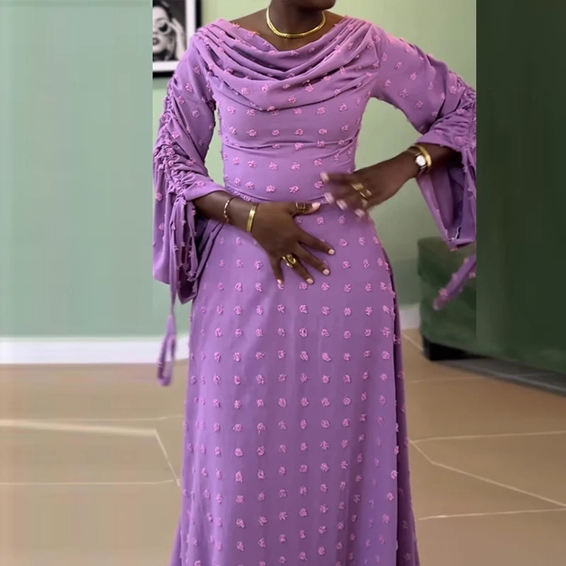 أنيقة الجاكار الصلبة المرأة فستان الحفلات موضة سوينغ طوق تخفيف رداء فستان عادية مطوي كم طويل الرباط فستان طويل