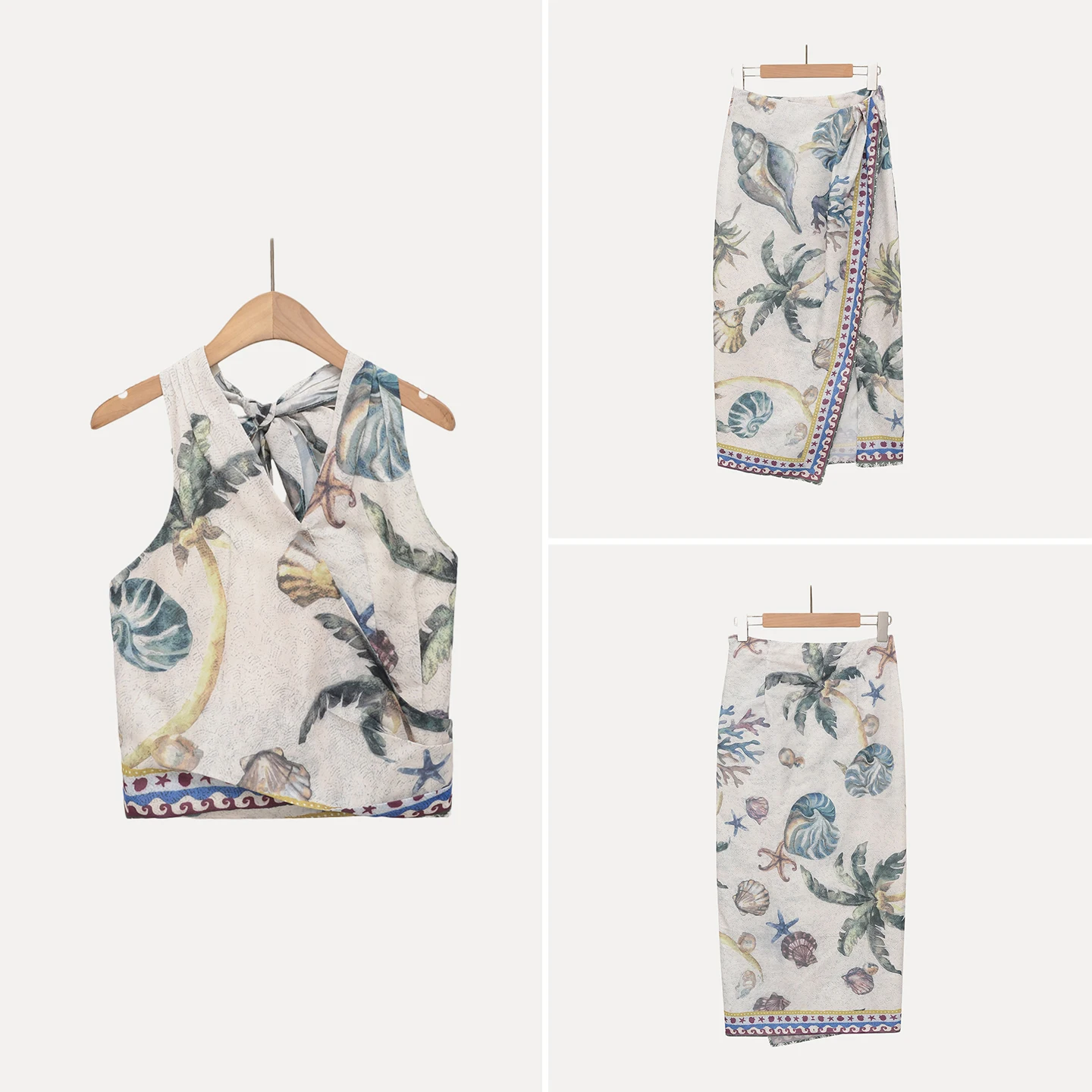 Summer Vacation Style Women's Shirt Dress with Slit Tie Back Cover up Two Piece Set Floral Print Half Skirt Island Style