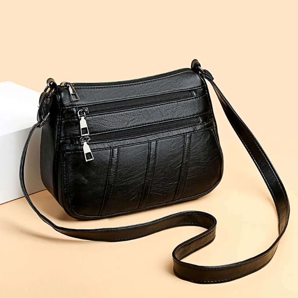 Fashion Ladies Retro Style Cross Body Bag PU Leather Casual Messenger Bag Shoulder Handbag Long Strap Black with Compartments