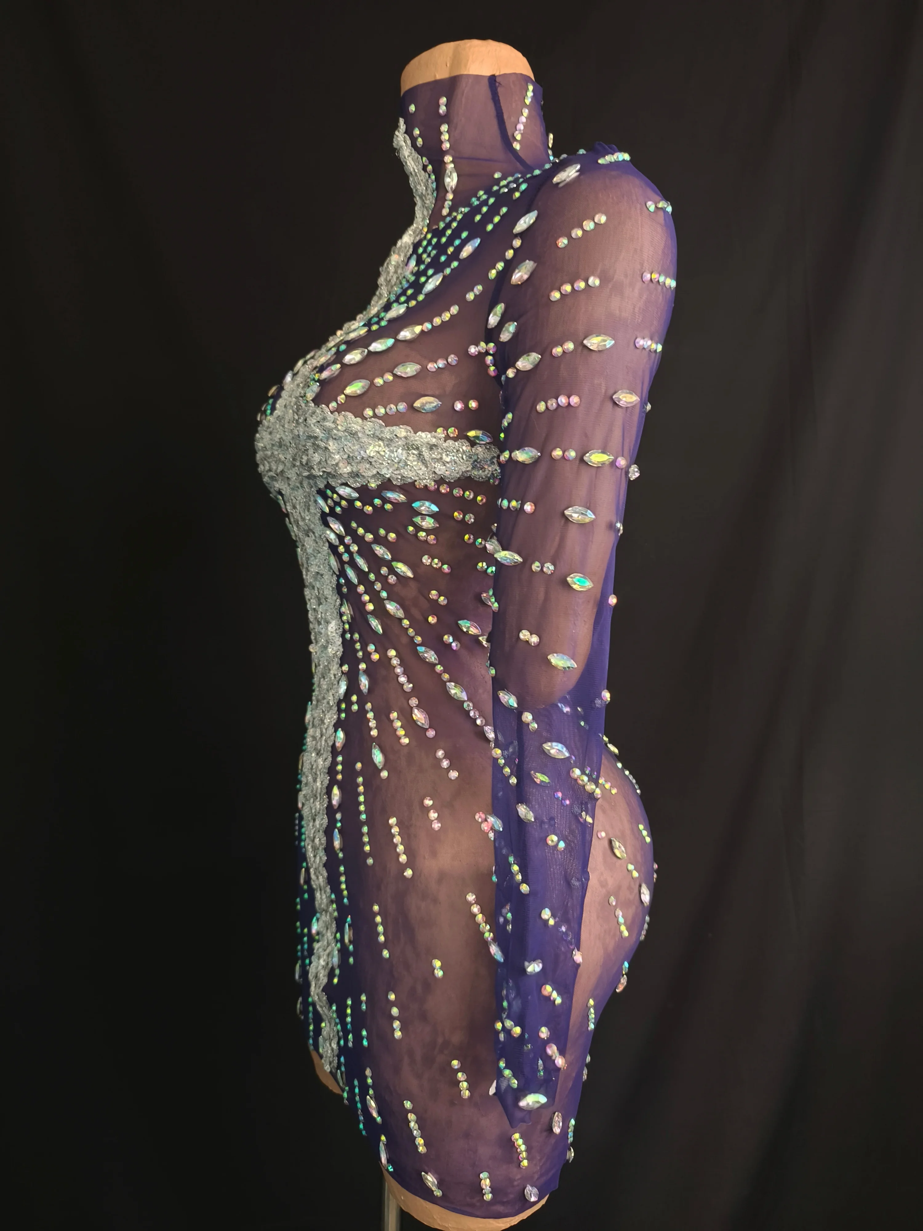 Abito corto attillato con strass glamour da donna, manica lunga, festa da sera, abito da ballo, costume da spettacolo per discoteca