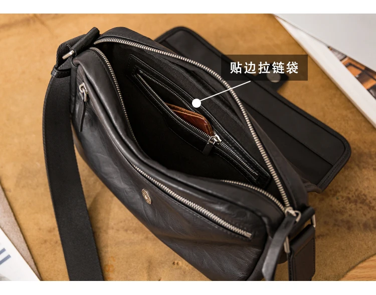 Outdoor casual luxury genuine leather men's black shoulder bag daily work handmade real cowhide teens tablets crossbody bag