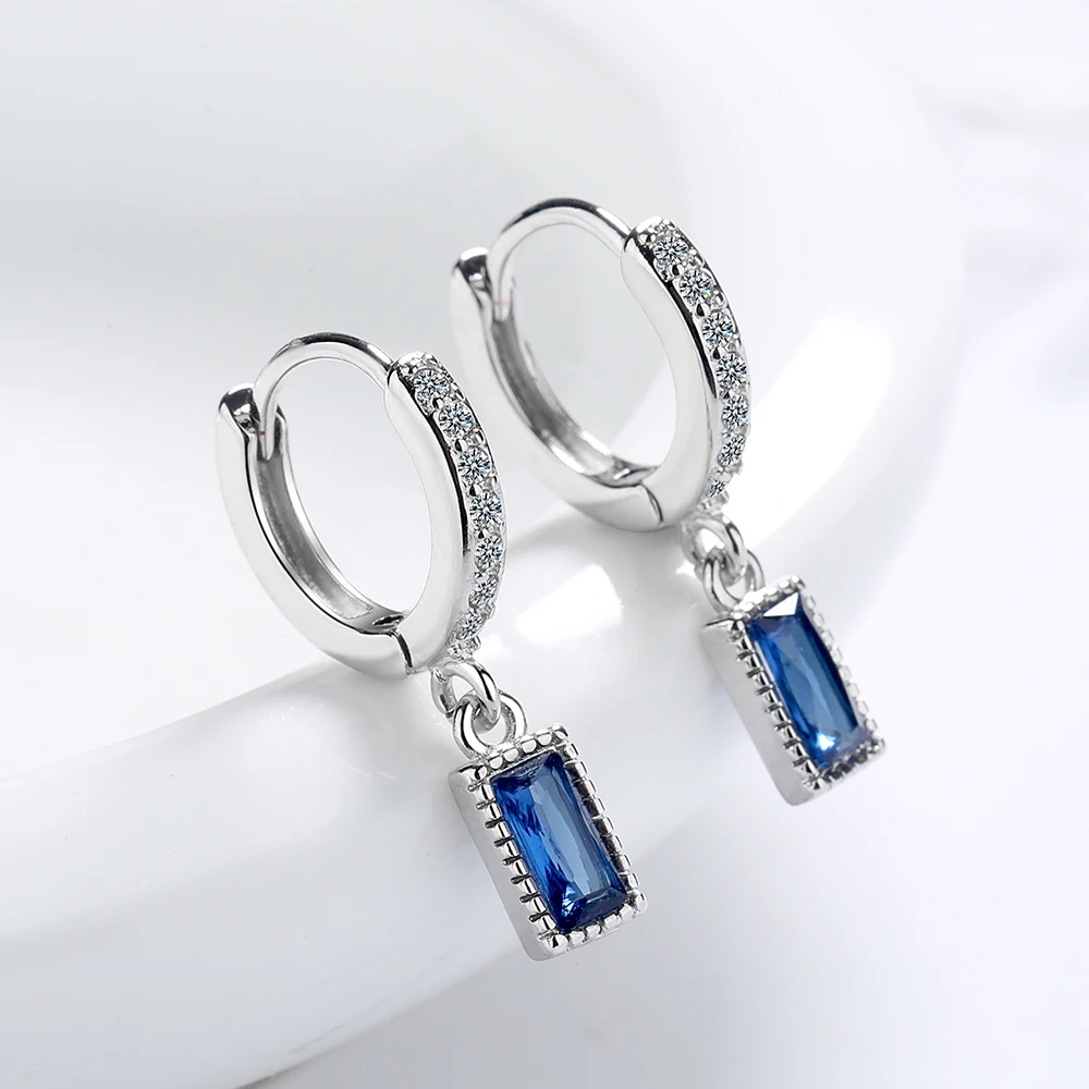 Pendientes de Aro Geométricos de Plata de Ley 925 con Zafiro Azul Sintético Rectangular para Mujer, Joyería de Moda con Piedras Preciosas