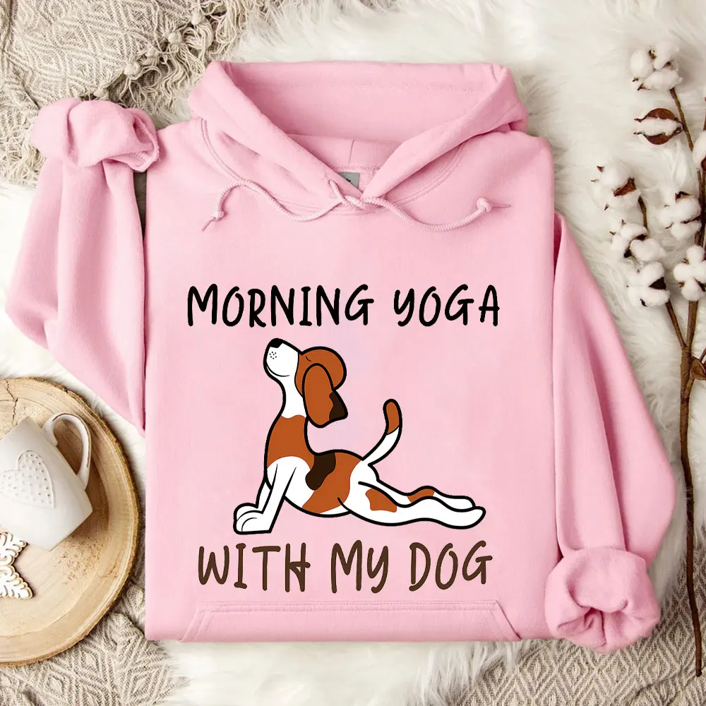 Morning Yoga with My Dog Woman Hoodie Fashion Casual Autumn and Winter Keep Warm Indoor Long Sleeve Man Creative Cartoon Hoody