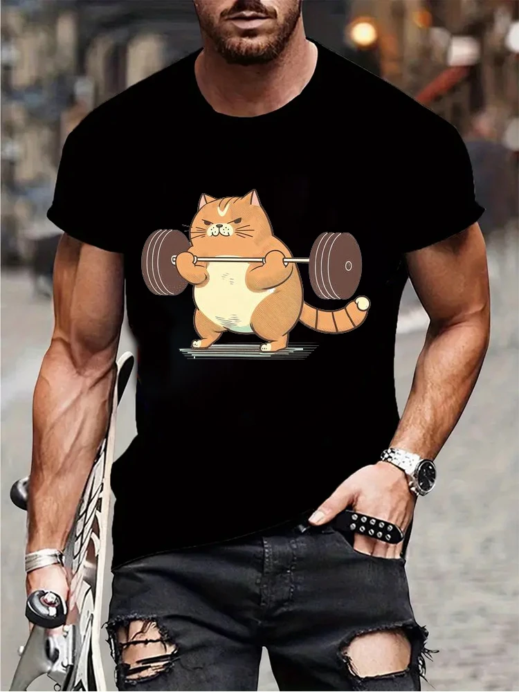 Cat Weightlifting Printed T-shirt for Men Work Out Funny Gym Design Graphic T Shirts Men Women Clothing Short Sleeve Camisetas