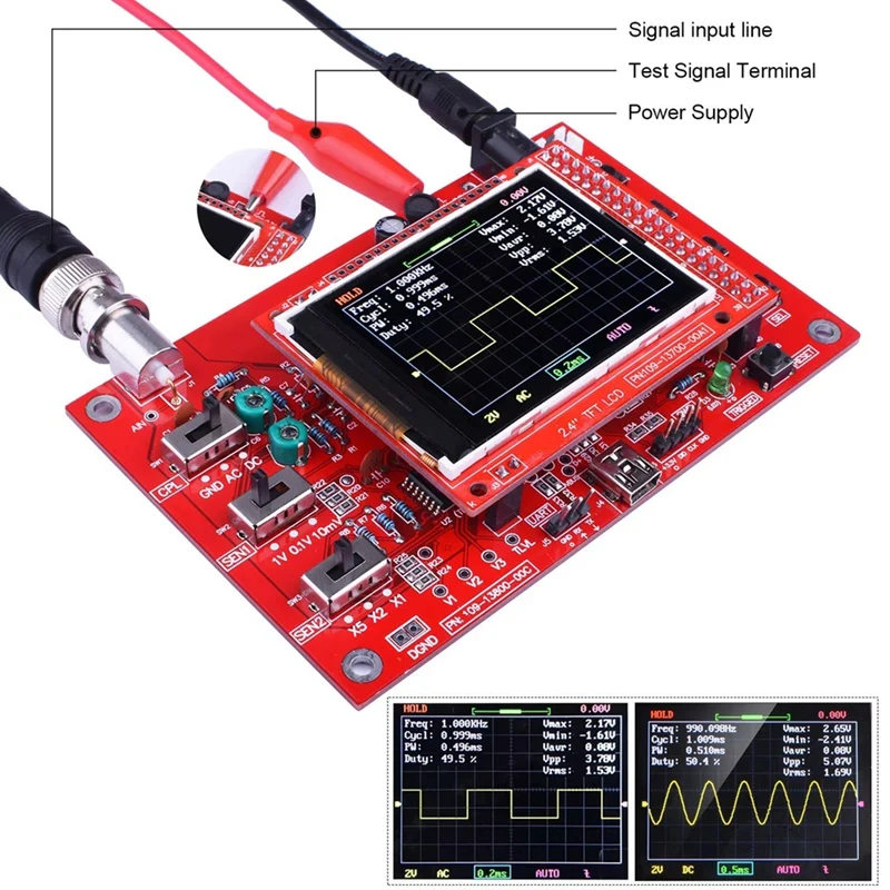 Osciloscopio Digital AT51 completamente ensamblado, pantalla LCD TFT de 2,4 pulgadas con Clip de prueba de sonda de cocodrilo, carcasa acrílica transparente