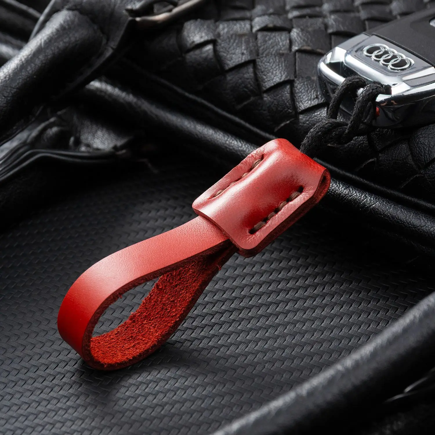 Genuine leather hand rope keychain, minimalist car key ring couple bag charm premium bag accessory soft luxury gift.