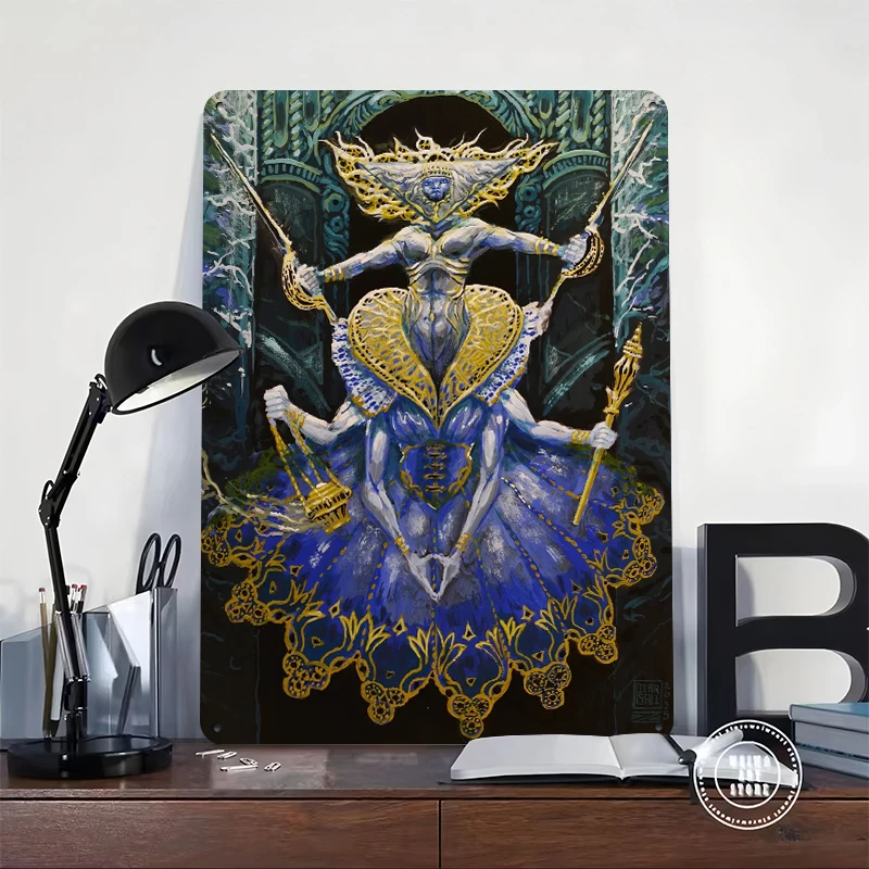 Multi-armed Monster Queen in Blue and Gold Tinplate Poster Customized Wall Art Retro Vintage Metal Signs for Fans Office Decor
