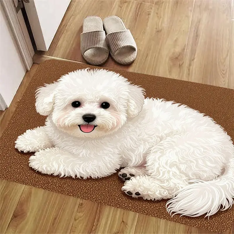 VIKAMA Cute Bichon Frise Doormat, White Fluffy Puppy Non-Slip Entryway Mat, Front Door Porch and Entryway Rug, Home Decor