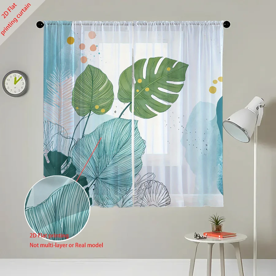 2PCS Digital Print Sheer Curtain, Blue Green Tropical Leaf, Boho Chic Window Curtains for Living Room Bedroom Home Decor