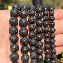 Wholesale 4 6 8 10 12mm Natural Black Volcanic Lava Stone Round Beads 15