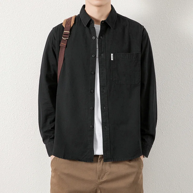 جديد الرجال قميص طويل الأكمام فضفاضة تناسب عمال عادية قميص سترة غسلها سترة قطن قميص اليابانية خمر #6