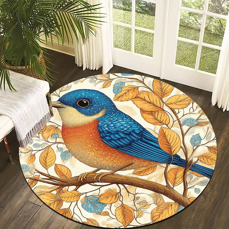 Blue Bird & Autumn Leaves Flannel-printed round floor mats are slip-resistant Suitable for living bedroom terrace garden carpets