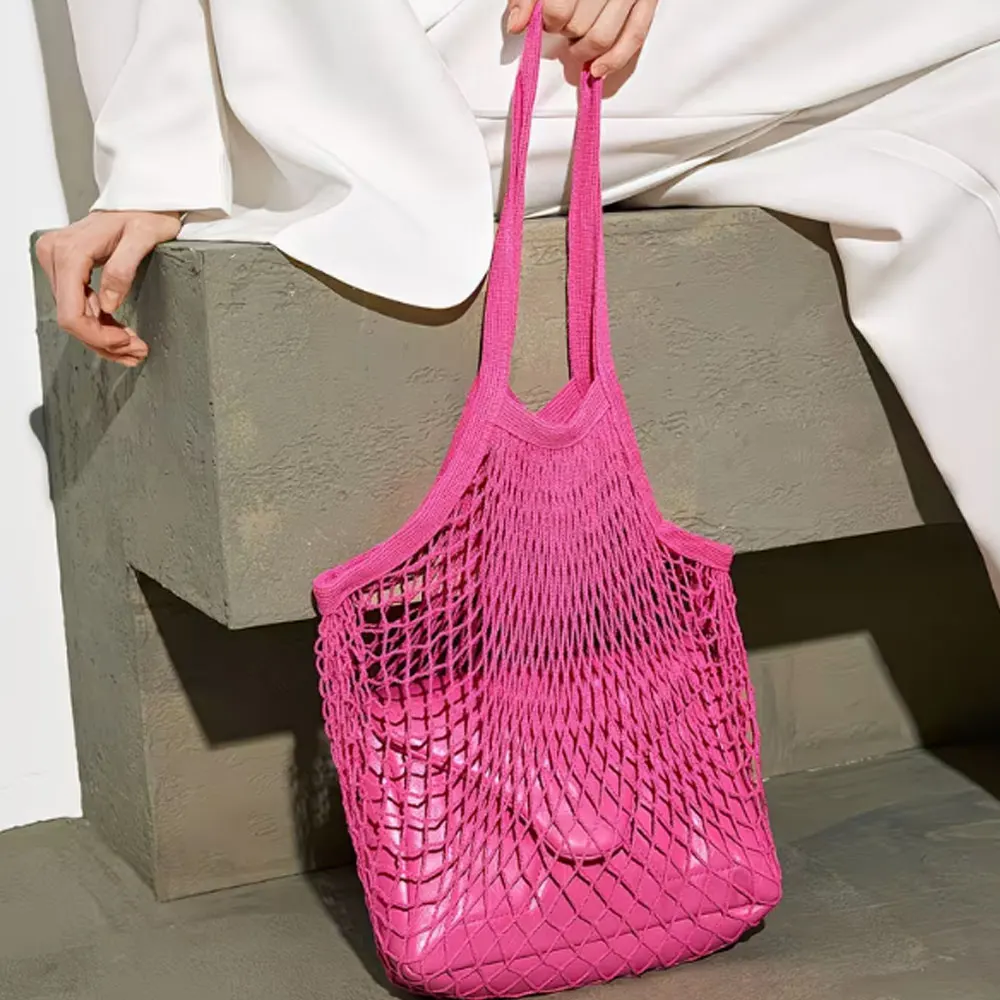 1 Fashionable Pure Mesh Storage Travel Bag, Portable Woven Tote Bag
