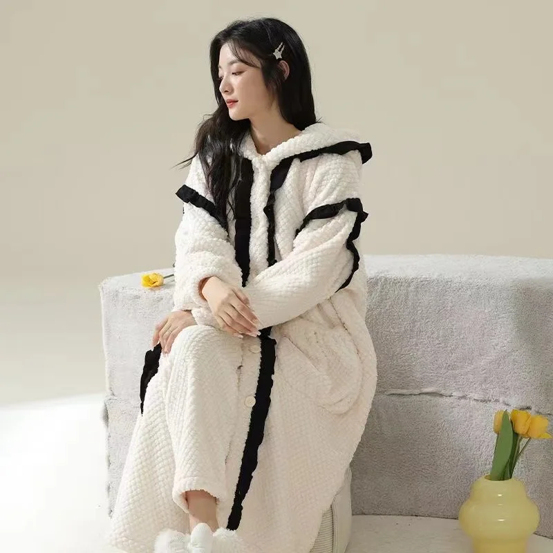 

Women's Autumn Winter Pajamas Sets Coral Fleece Long Sleepwear Robe Suits Thicken Warm Homewear Hooded Home Clothes Female