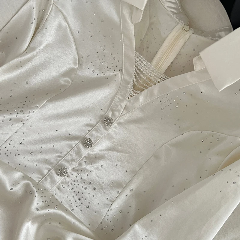 Zip-up shirts jurk elegante lange mouw Koreaanse mode satijnen jurk vrouwelijke 2026 nieuwe lente herfst kralen korte jurk vestidos