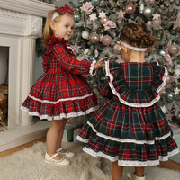 1-7Y Kids Girls Christmas Dress Baby Long Sleeve Lace Trim Ruffle Plaid Vintage Dresses Children Party Princess Autumn Clothing