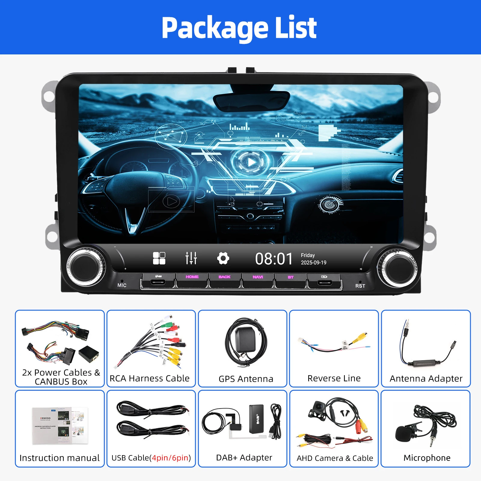 ESSGOO 9 inch autoradio voor Volkswagen Golf 5 6 Passat Polo, multimediaspeler met 4GB 64GB, Carplay, Android Auto en draaiknop, GPS