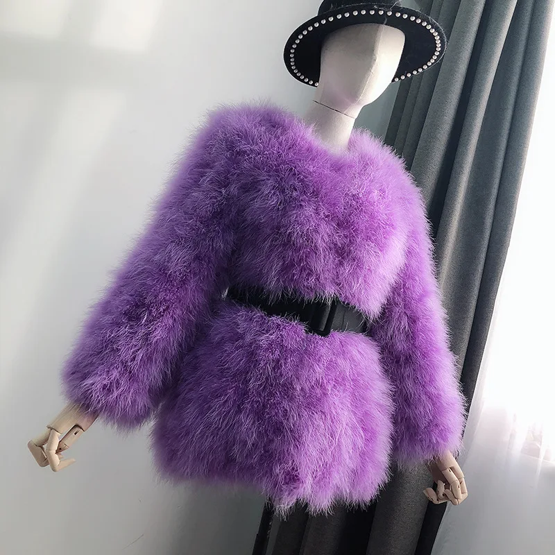 Women Fur Coats Winter Ostrich Feather Turkey Fur Jacket Midi Full Sleeve Thick Pluffy Fur Coat Padded Jacket Female Y3460