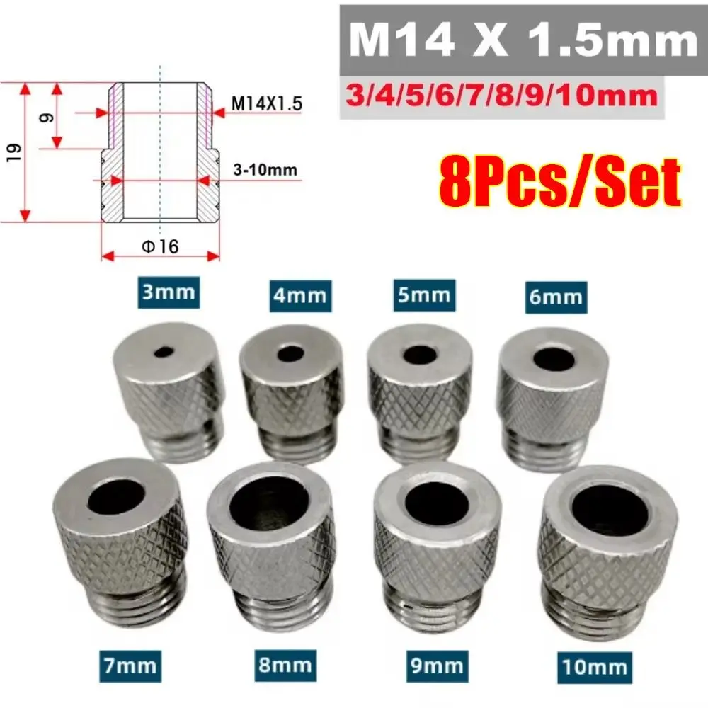 8Pcs/Set Carpentry Tool Drill Sleeve Stainless Steel For Woodworking Bushing Dowelling Jig 3/4/5/6/7/8/9/10mm M14x1.5