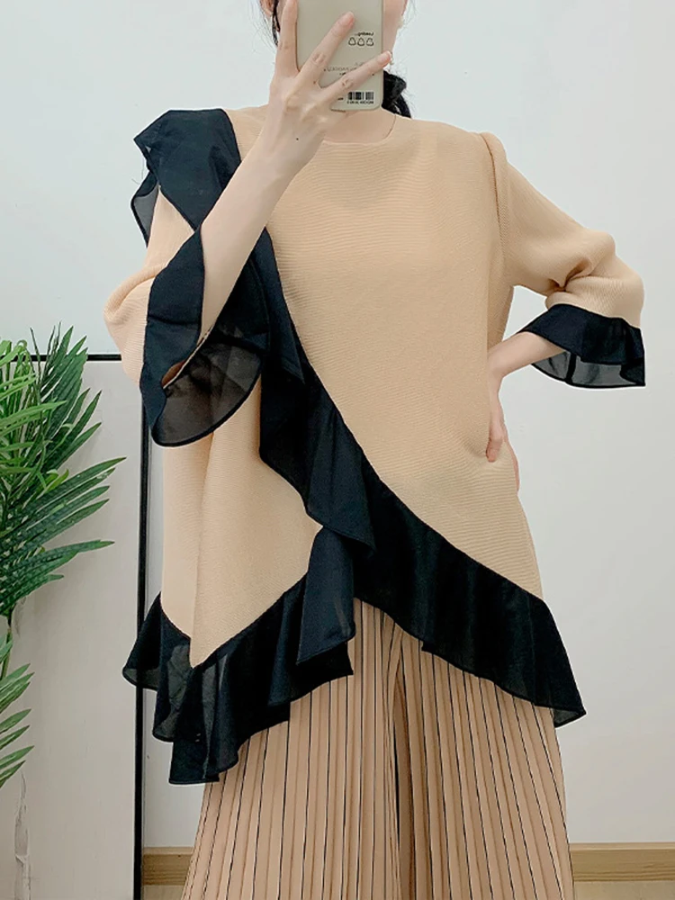 LANMREM-conjunto plisado de dos piezas para mujer, Top Irregular con volantes y pantalones informales de pierna ancha, ropa elegante holgada,